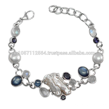 Natural Kyanite Iolite &amp; Pearl Gemstone Com 925 Sterling Silver Designer Handmade Bracelet